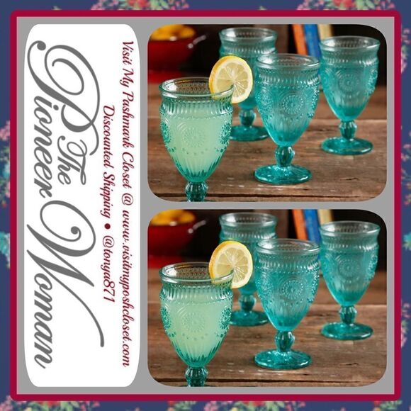 š¦Host Pick! š¦ New PioneerĀ WomanāAdelineā12ozāFootedāGoblets,āTurquoiseāBlue - Picture 4 of 8